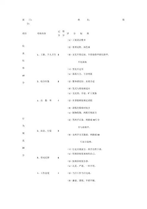 客房部服务员考核表