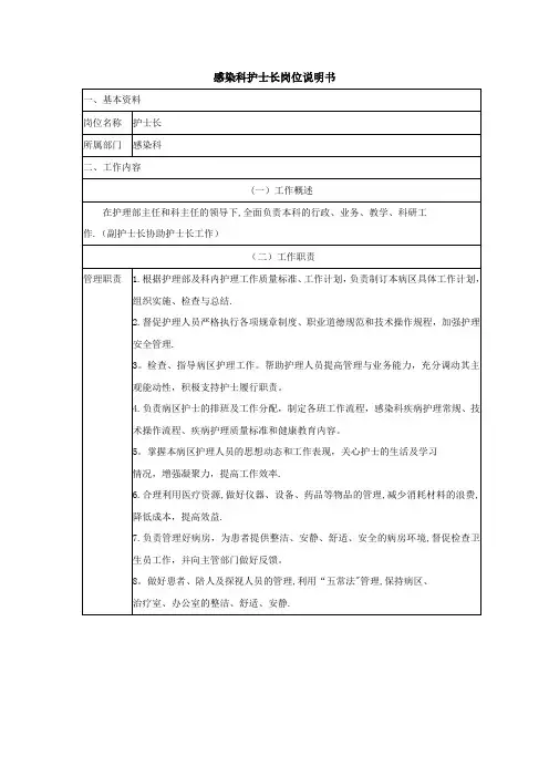 感染科护士长岗位说明书