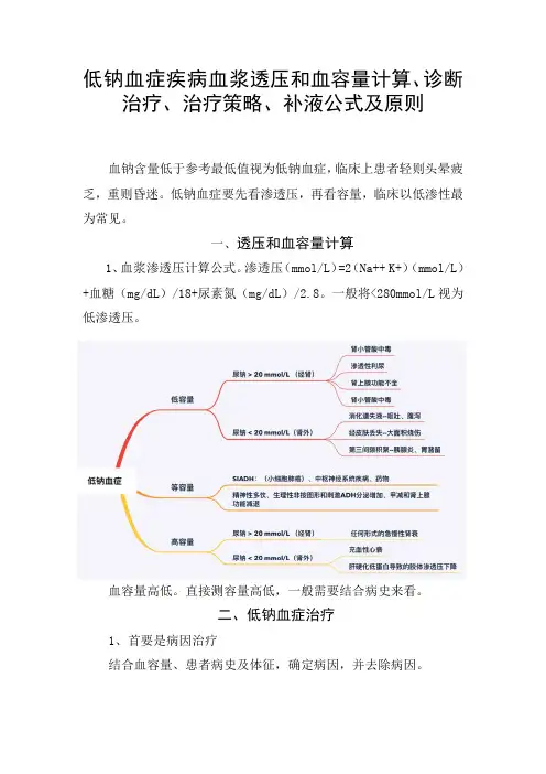 低钠血症疾病血浆透压和血容量计算、诊断治疗、治疗策略、补液公式及原则