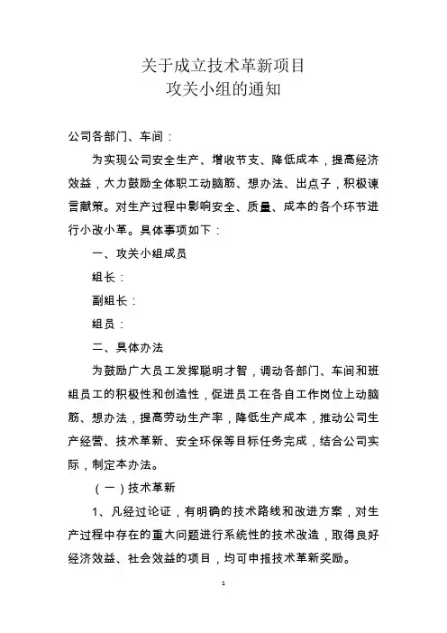 关于成立技术改造项目领导小组的通知