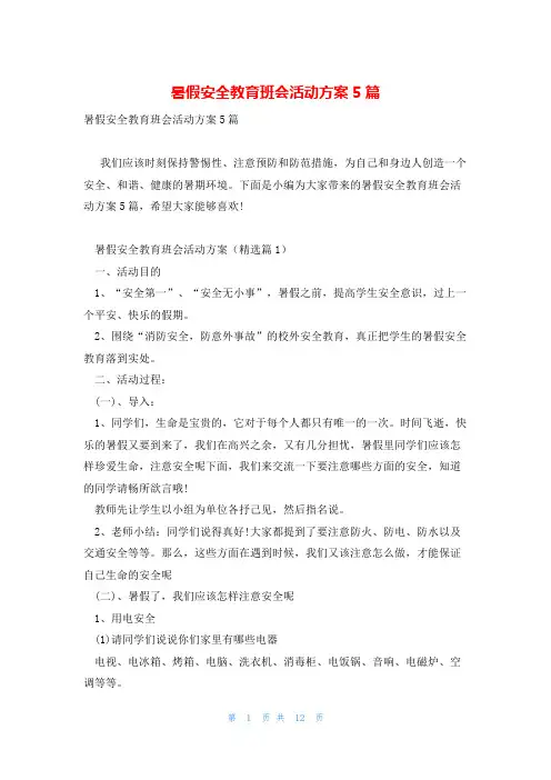 暑假安全教育班会活动方案5篇