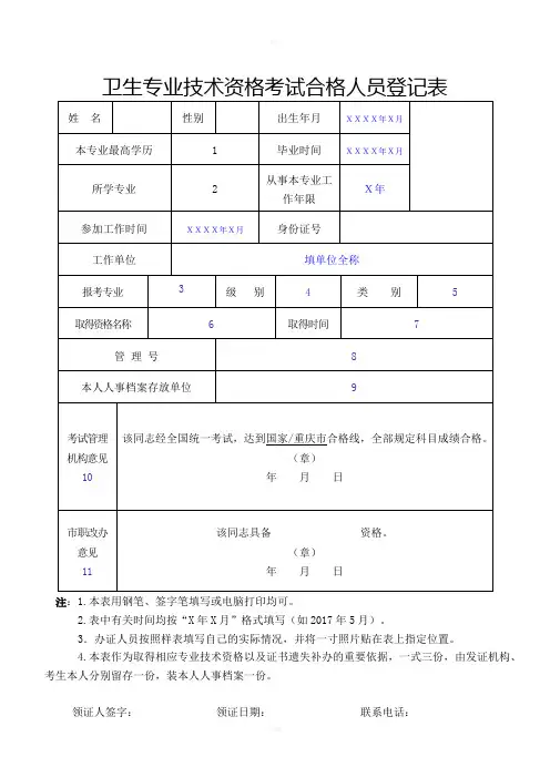 卫生专业技术资格考试合格人员登记表
