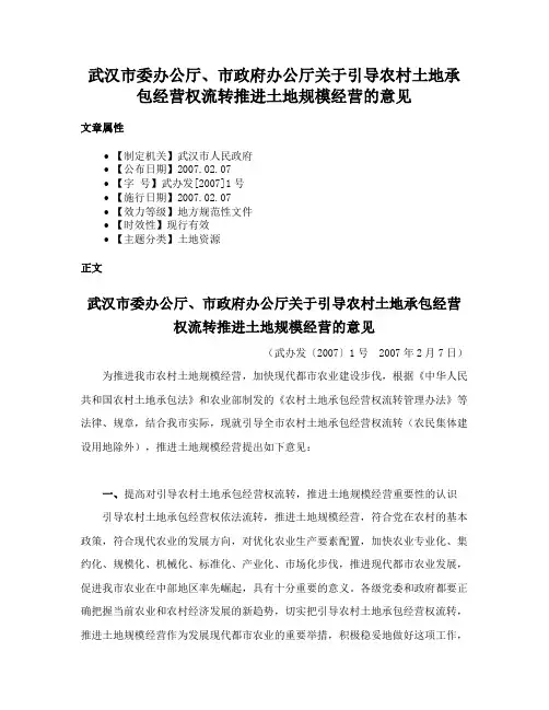 武汉市委办公厅、市政府办公厅关于引导农村土地承包经营权流转推进土地规模经营的意见