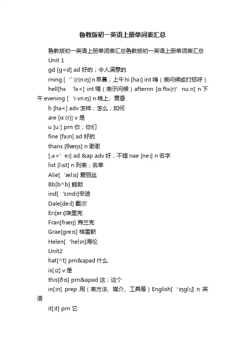 鲁教版初一英语上册单词表汇总