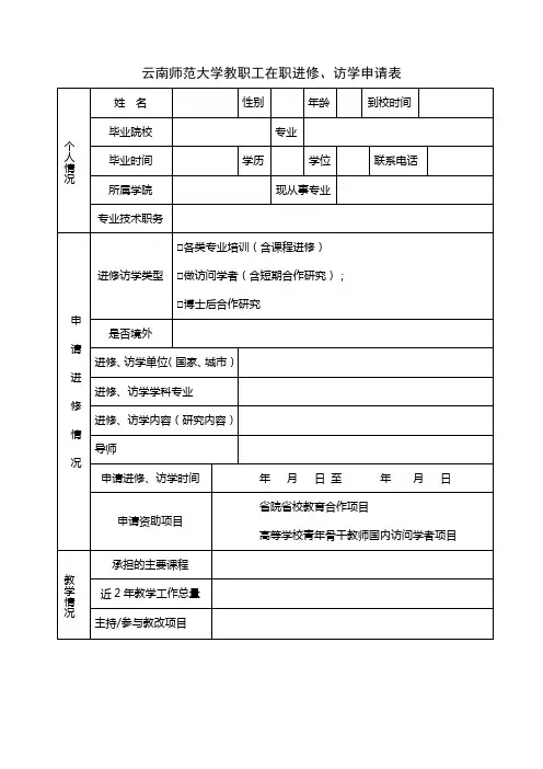 云南师范大学教职工在职进修、访学申请表