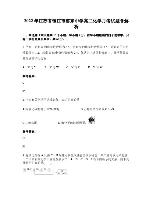 2022年江苏省镇江市启东中学高二化学月考试题含解析