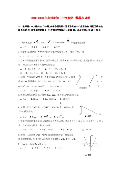 2019-2020年苏州市初三中考数学一模模拟试卷