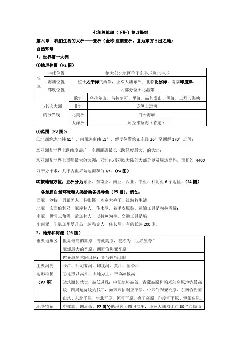 七年级地理(下册)复习提纲(考试重点)