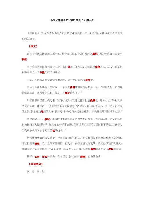 小学六年级语文《鞋匠的儿子》知识点