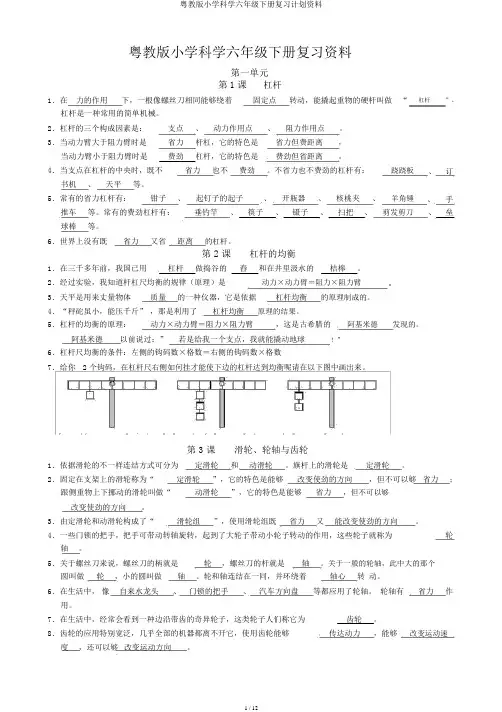粤教版小学科学六年级下册复习计划资料