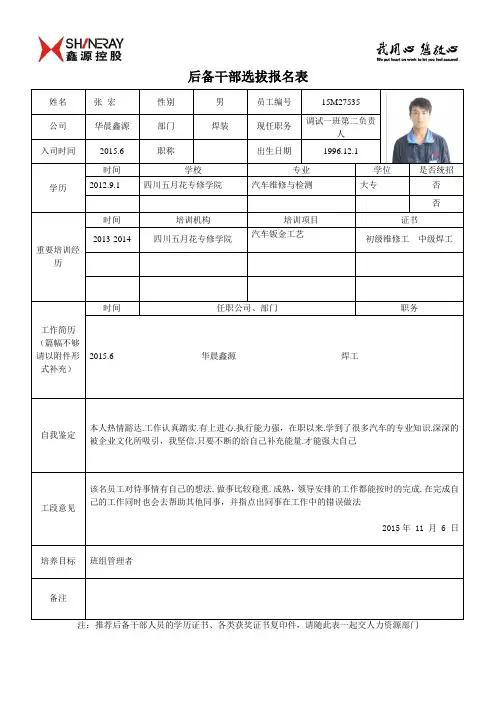 后备干部选拔报名表