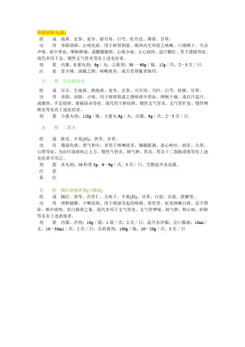 润肺、化痰、止咳中成药