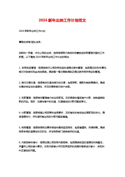 2024新年出纳工作计划范文