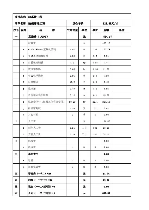 玻璃幕墙装饰工程清单平方报价表