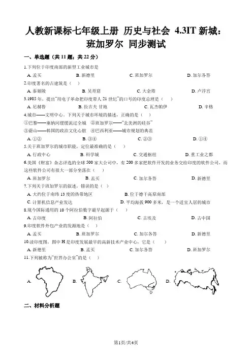 人教新课标七年级上册 历史与社会 4.3IT新城：班加罗尔 同步测试