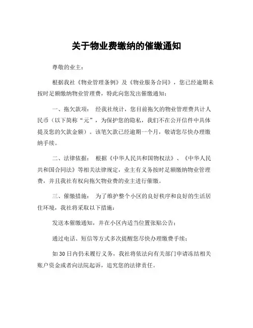关于物业费缴纳的催缴通知