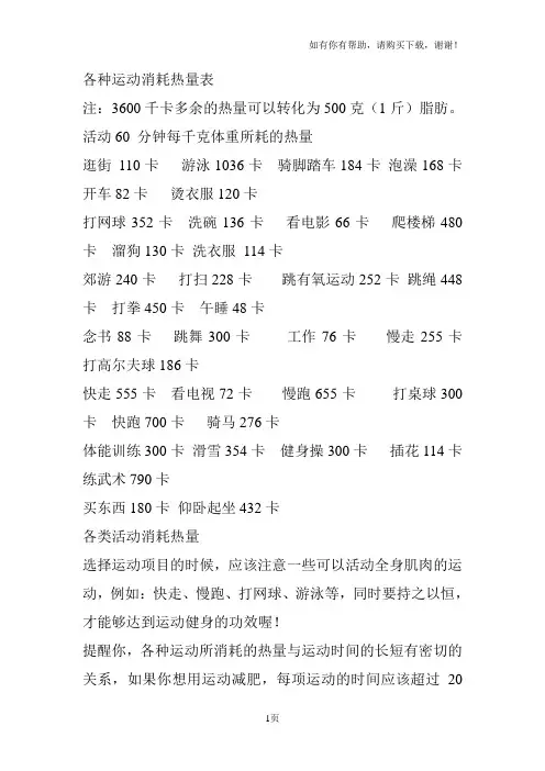 各种运动消耗热量表