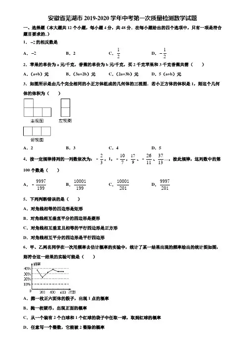 【附5套中考模拟试卷】安徽省芜湖市2019-2020学年中考第一次质量检测数学试题含解析