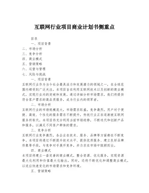 互联网行业项目商业计划书侧重点