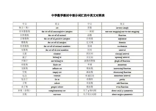 中学数学教材中部分词汇的中英文对照表