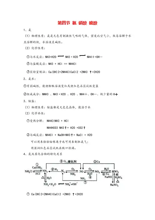  化学必修一第四章 氨 硝酸 硫酸知识点