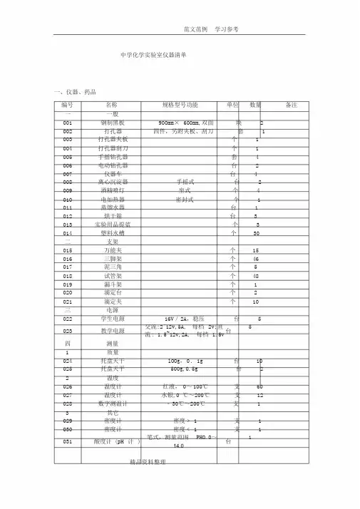 中学化学实验室仪器清单