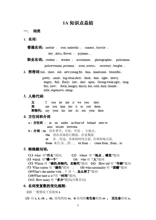 青少版新概念1A知识点总结