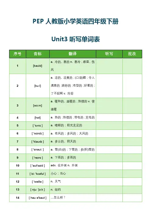 PEP人教版小学英语四年级下册Unit3听写单词表