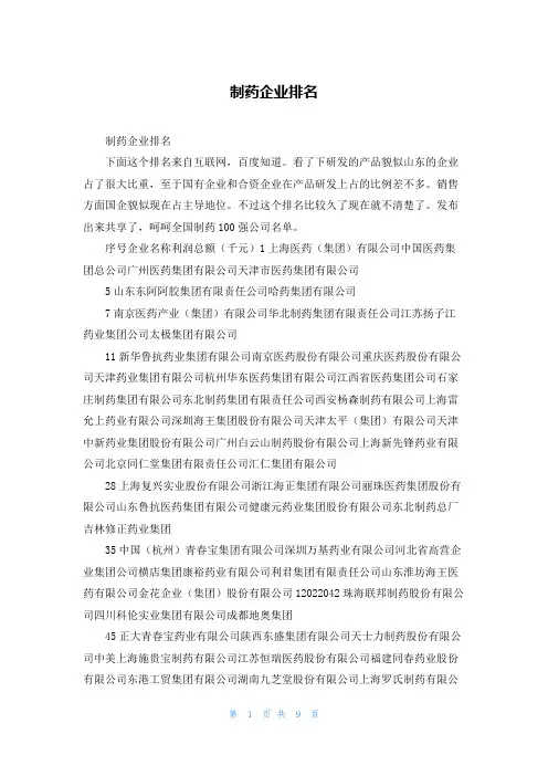 制药企业排名
