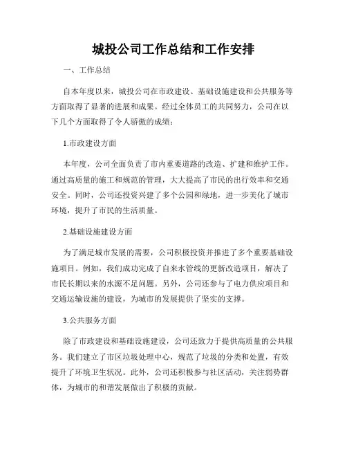 城投公司工作总结和工作安排