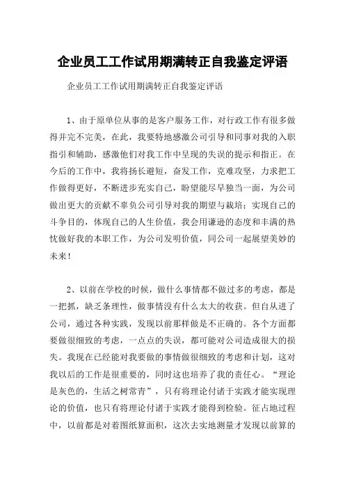企业员工工作试用期满转正自我鉴定评语