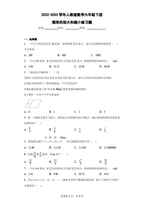 2022-2023学年人教版数学六年级下册图形的放大和缩小练习题(含解析)