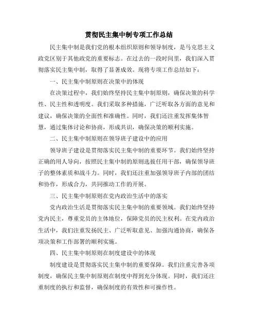 贯彻民主集中制专项工作总结