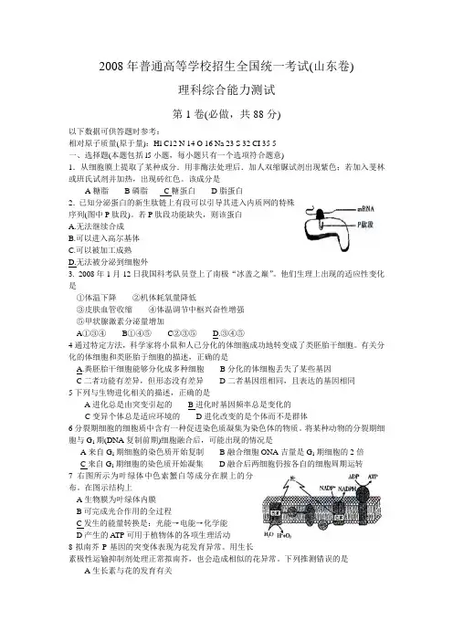 2008年高考理综(山东卷)
