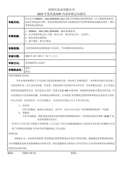 内部审核总结报告
