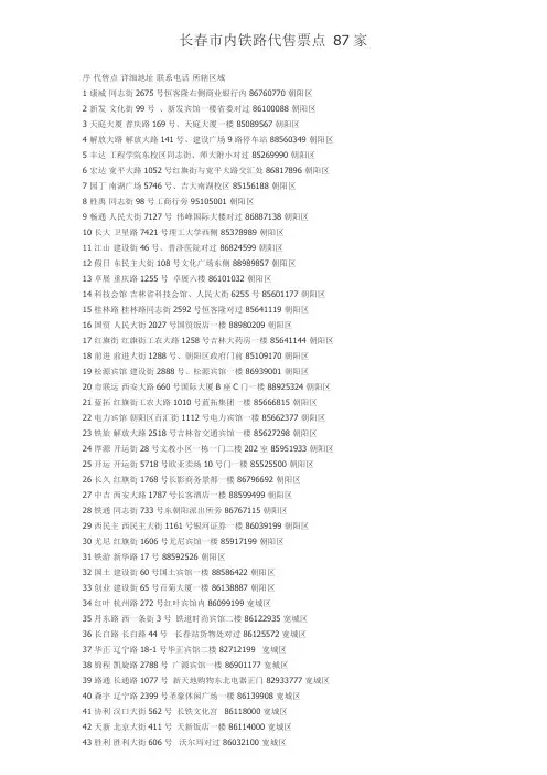 长春市内铁路代售票点 87家