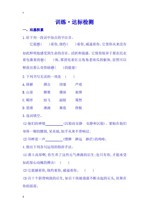 部编初中语文八年级下册3《安塞腰鼓》精练精析(含答案)