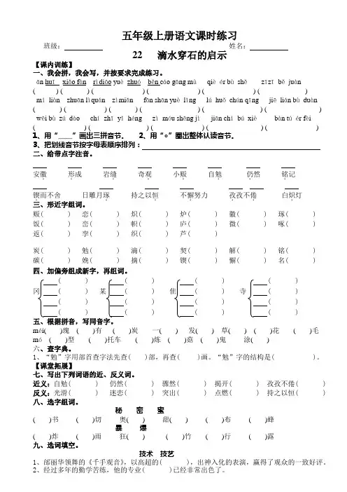 苏教版五年级上册语文第22课 滴水穿石的启示 课时练习