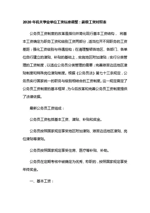 事业单位薪级工资标准表2020