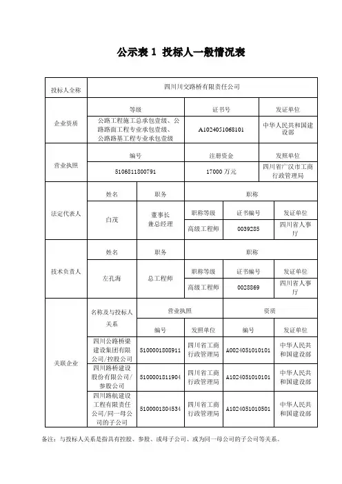 公示表1 标人一般情况表