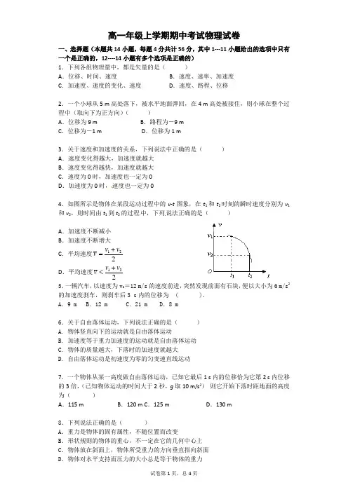 高一物理上学期期中考试物理试卷 及答案