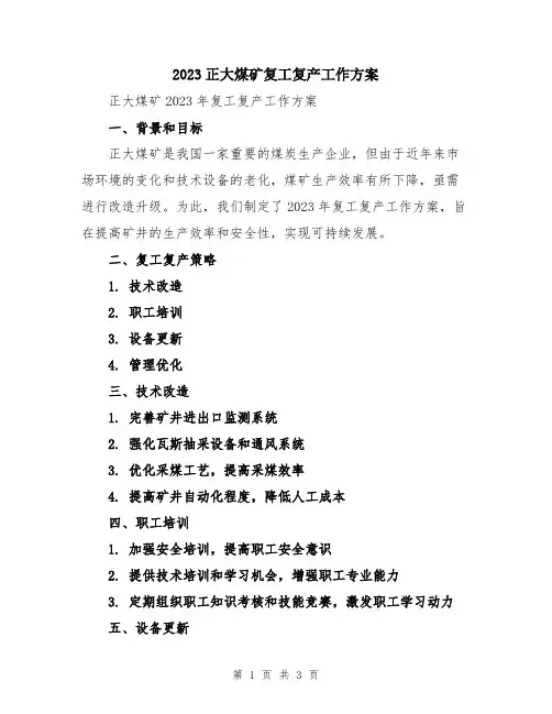 2023正大煤矿复工复产工作方案