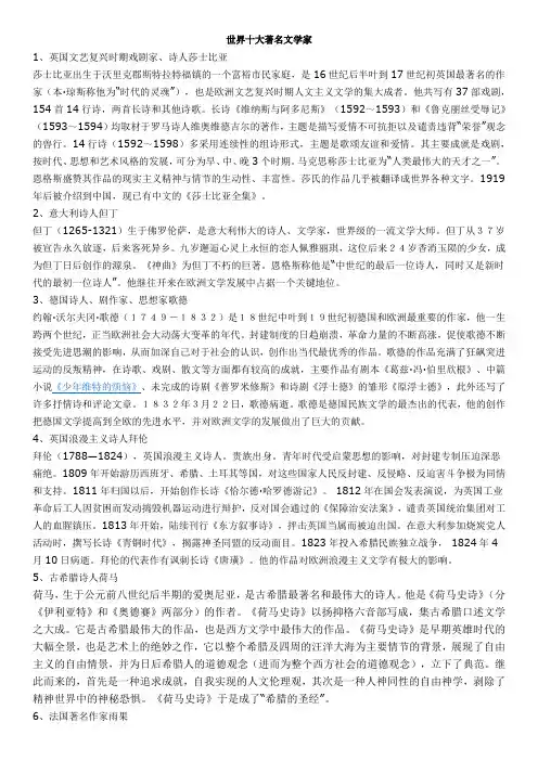 世界十大著名文学家