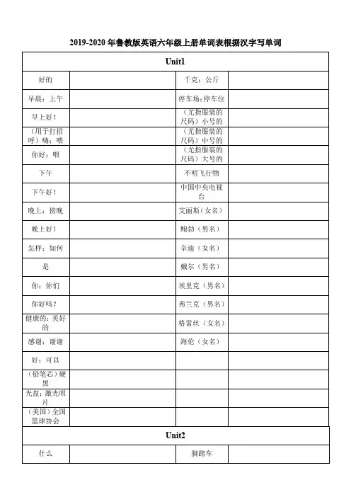 2019-2020年鲁教版英语六年级上册单词表根据汉字写单词