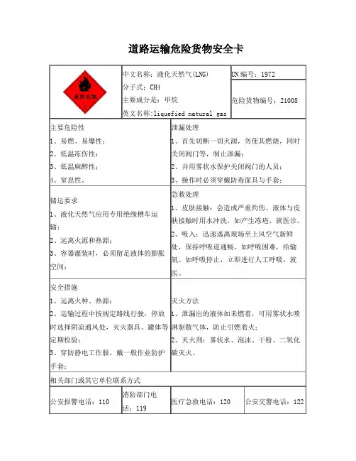道路运输危险货物安全卡(LNG液化天然气)