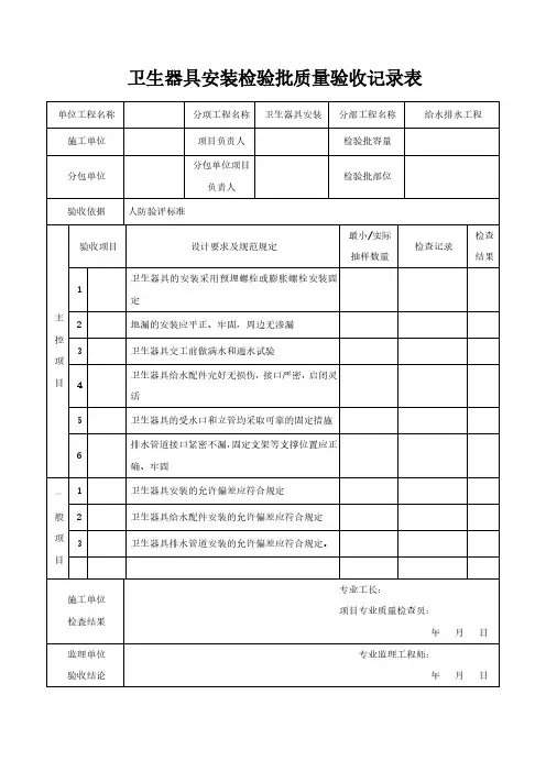 卫生器具安装检验批质量验收记录表模板