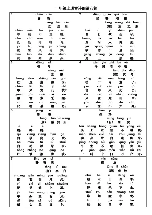 一年级上册古诗朗诵八首