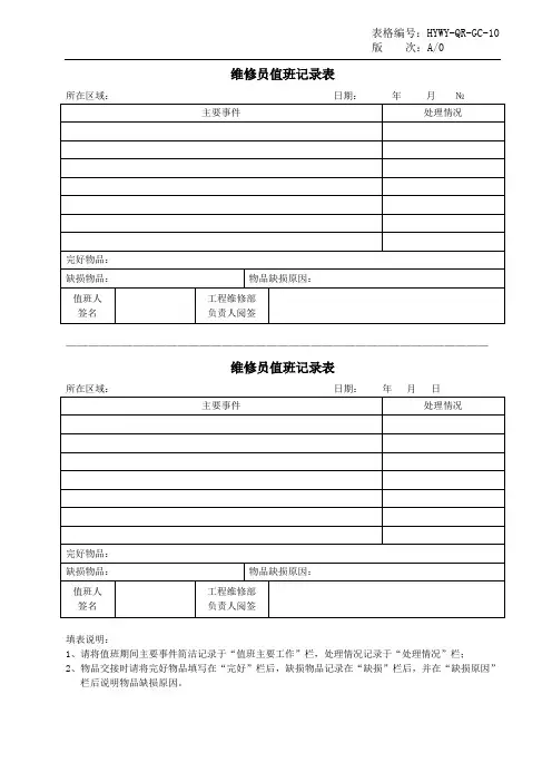 维修员值班记录表