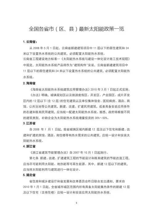 全国各省市(区、县)最新太阳能政策一览