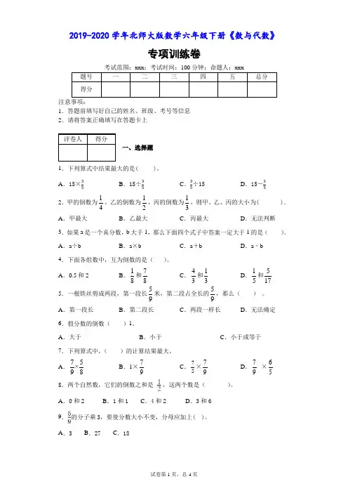 2019-2020学年北师大版数学六年级下册《数与代数》专项训练卷-附解析